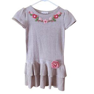 Girls Cream Dress with Embroidered Flowers & Double Ruffle Skirt, Size ~6